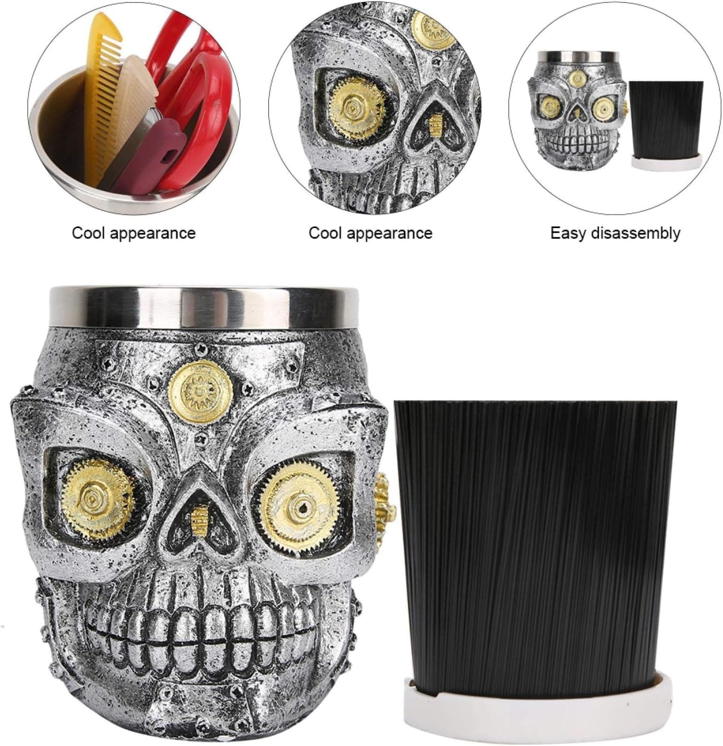 Eson - Scissors Holder Cyber Skull With Bristles 9x11cm - Eson Direct