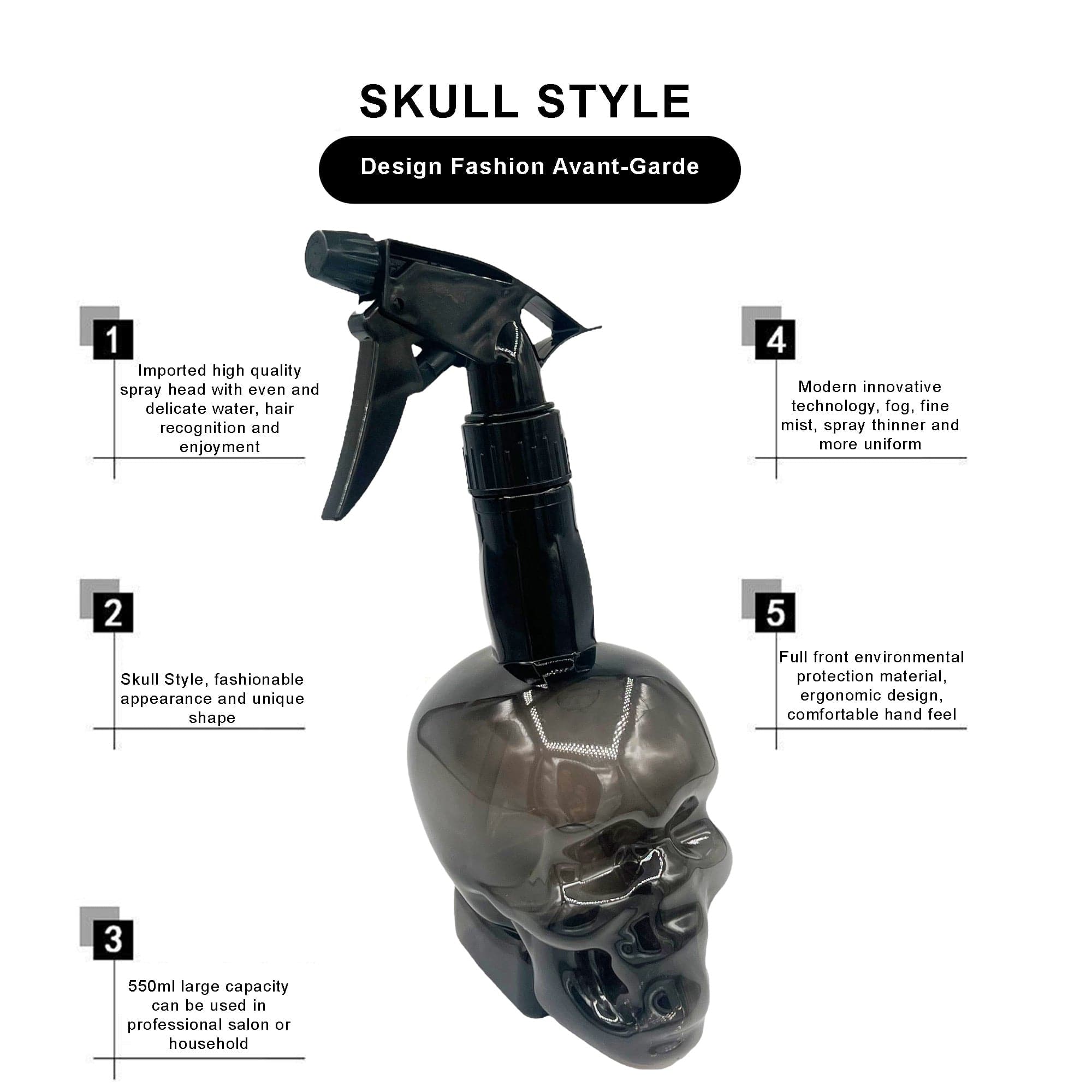 Eson - Hair Water Spray Bottle 500ml Extreme Mist Sprayer Skull Style (Black)