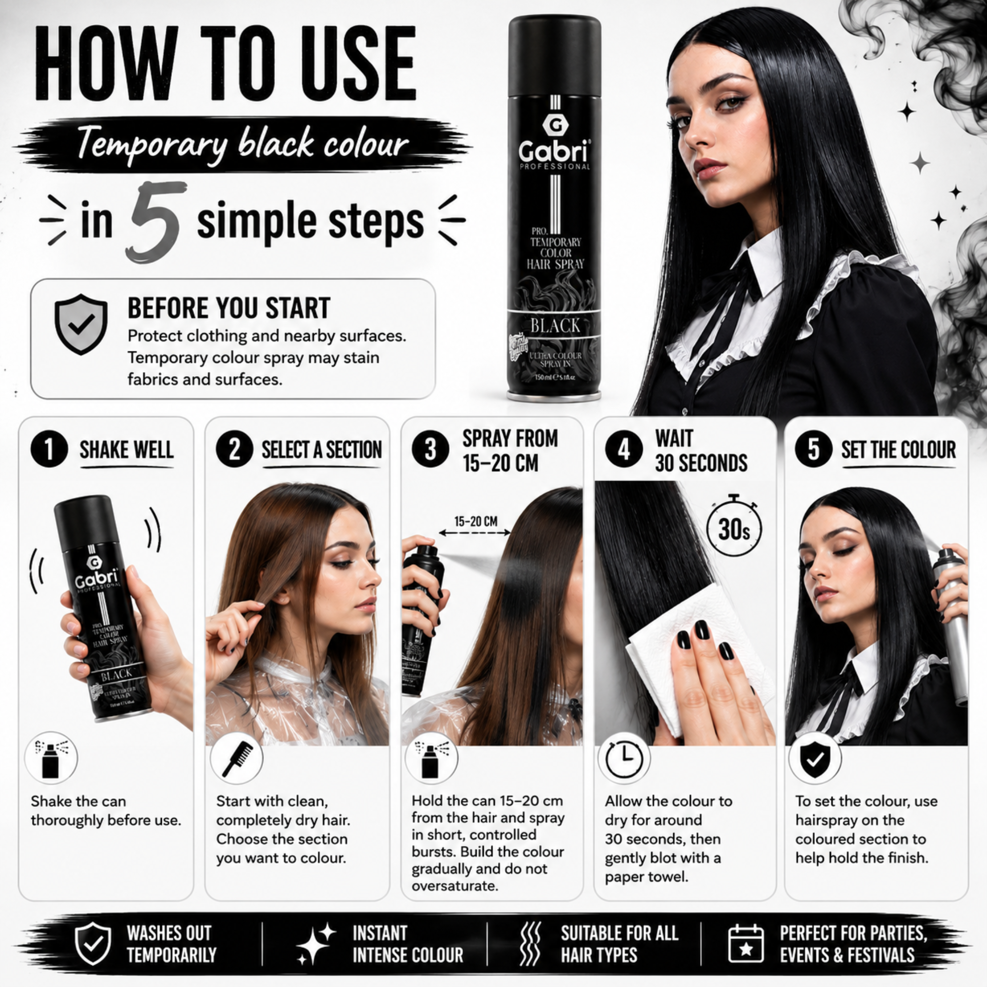 Gabri Professional - Pro Temporary Hair Colour Shimmer Spray Black 150ml
