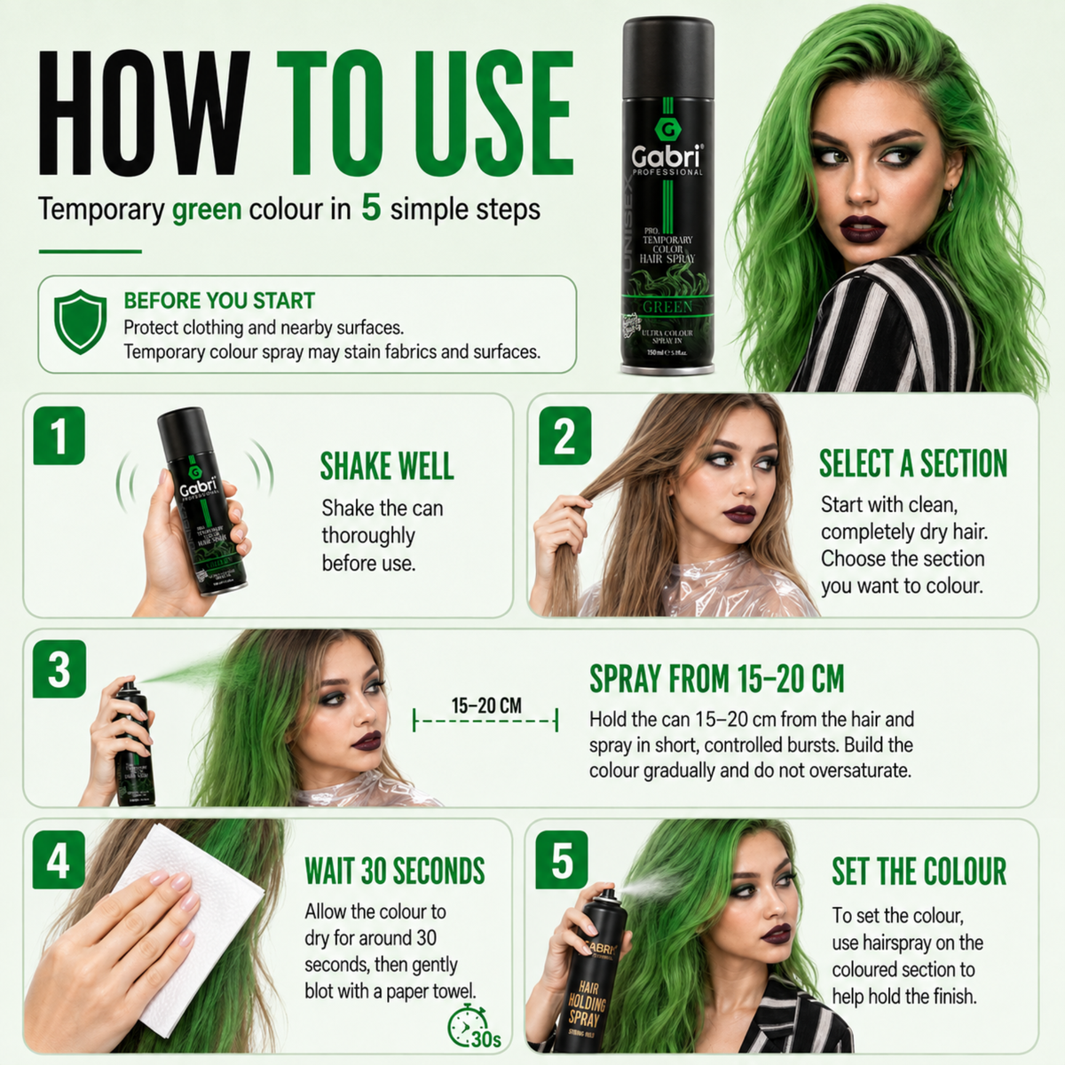 Gabri Professional - Pro Temporary Hair Colour Shimmer Spray Green 150ml