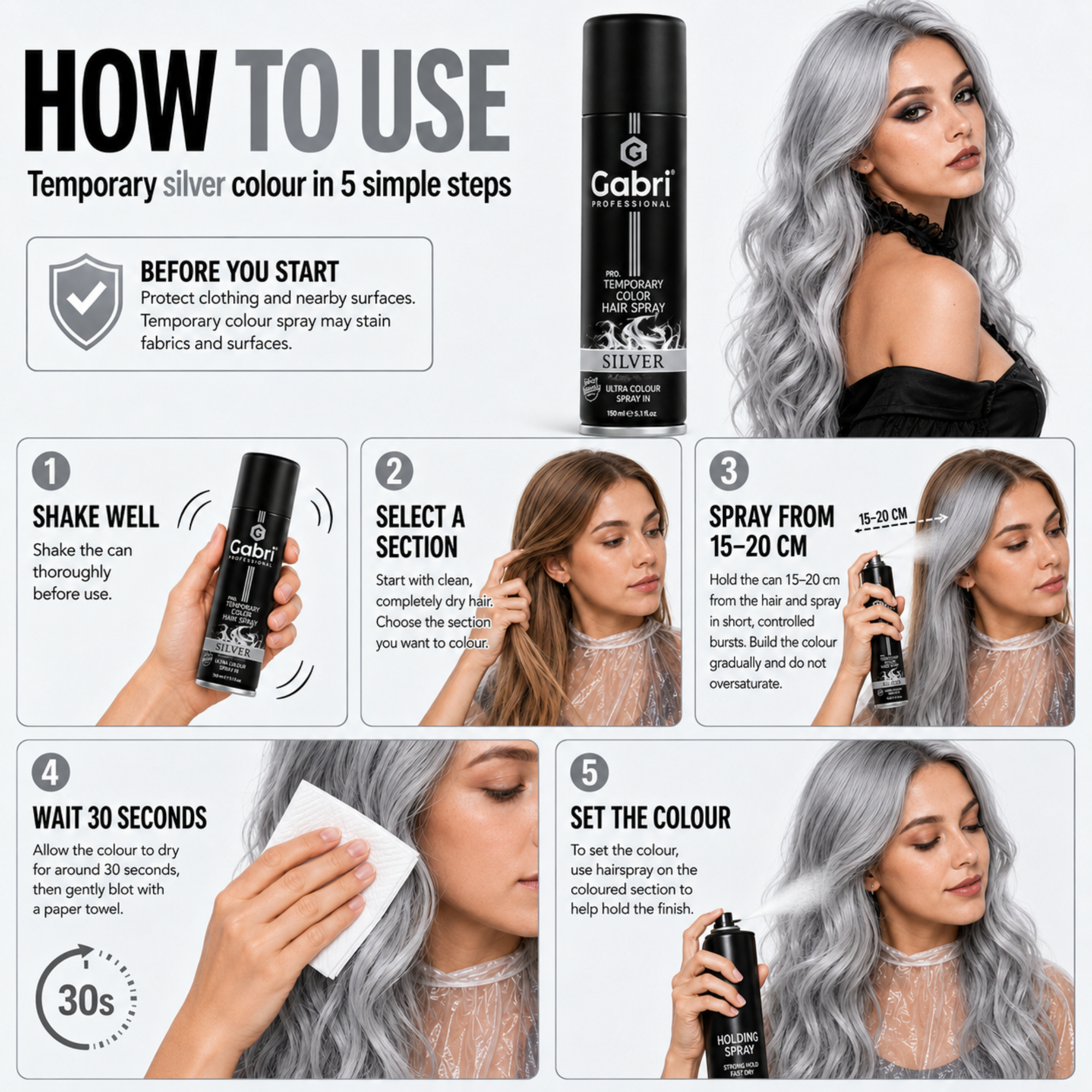 Gabri Professional - Pro Temporary Hair Colour Shimmer Spray Silver 150ml