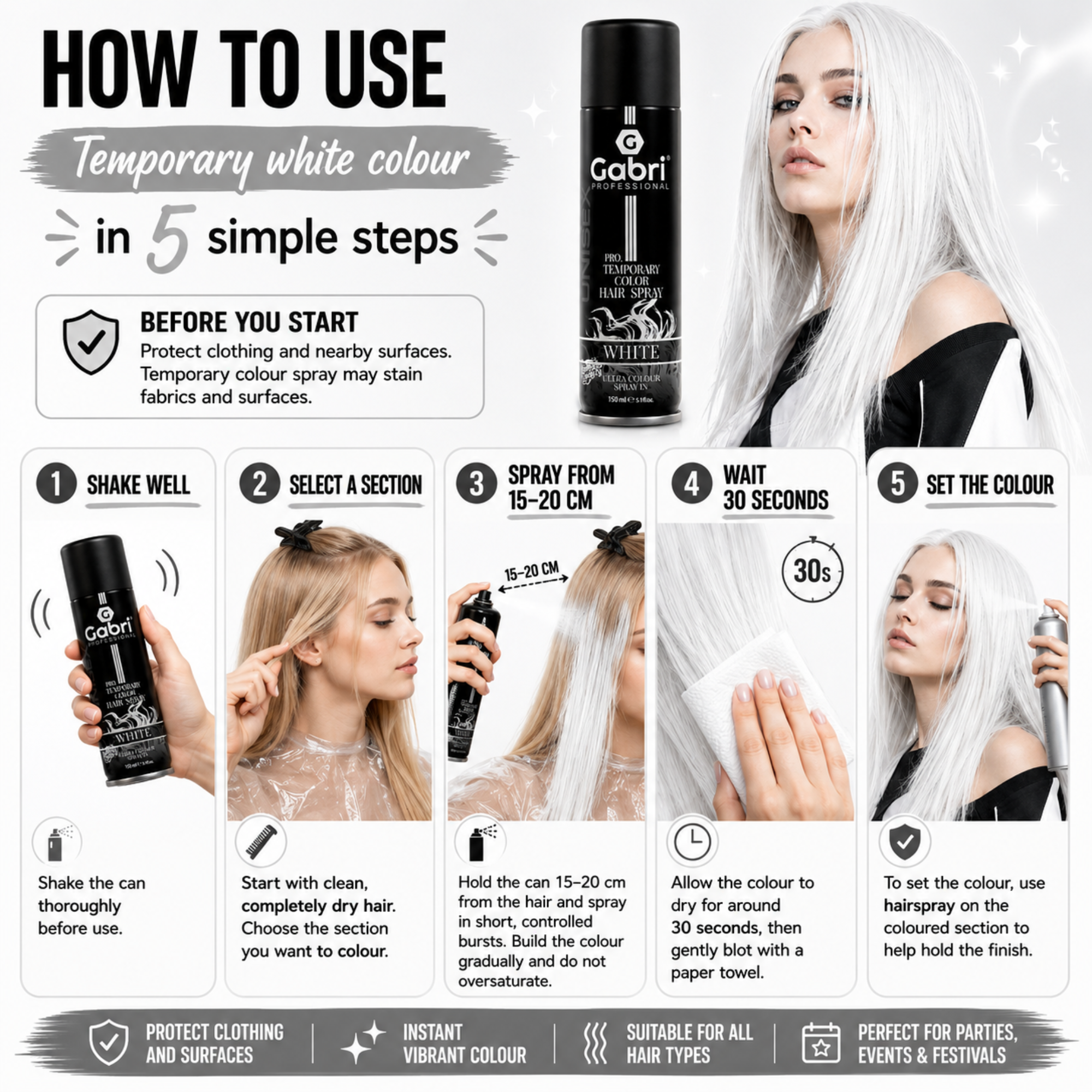 Gabri Professional - Pro Temporary Hair Colour Shimmer Spray White 150ml