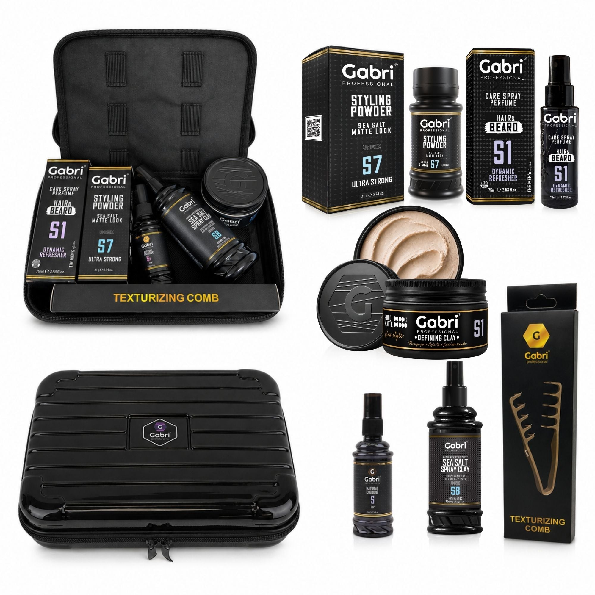 Gabri Professional - Hair Styling & Grooming Gift Set with Reusable Hair Stylist Bag 7 Piece Set Black