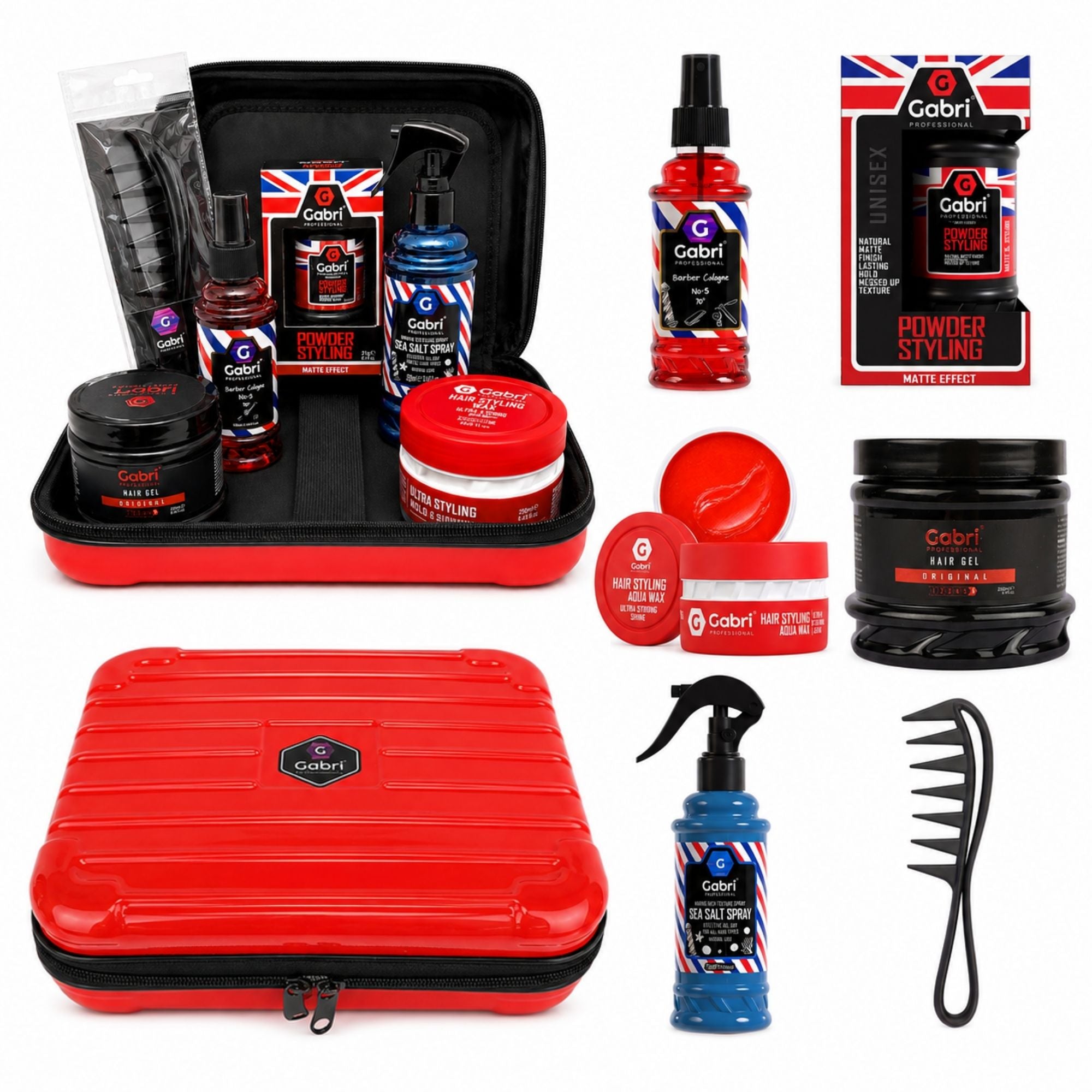 Gabri Professional - Hair Styling & Grooming Gift Set with Reusable Hair Stylist Bag 7 Piece Set Red