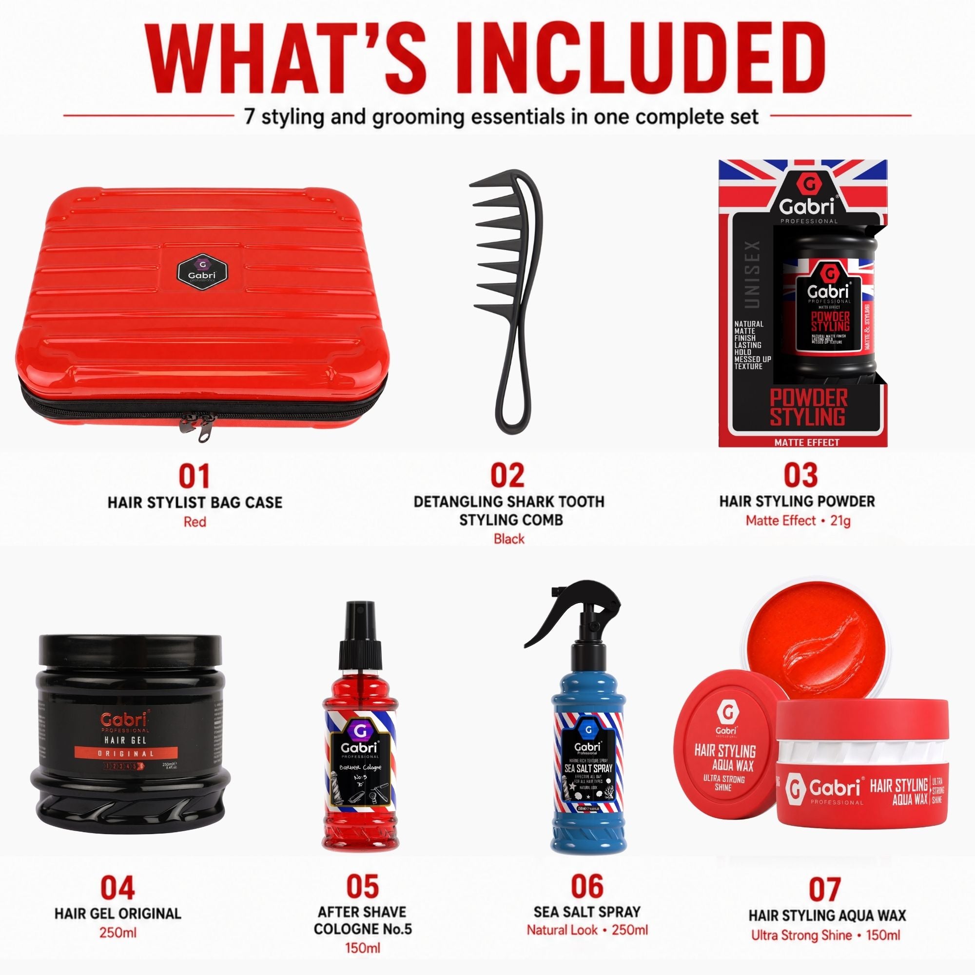 Gabri Professional - Hair Styling & Grooming Gift Set with Reusable Hair Stylist Bag 7 Piece Set Red