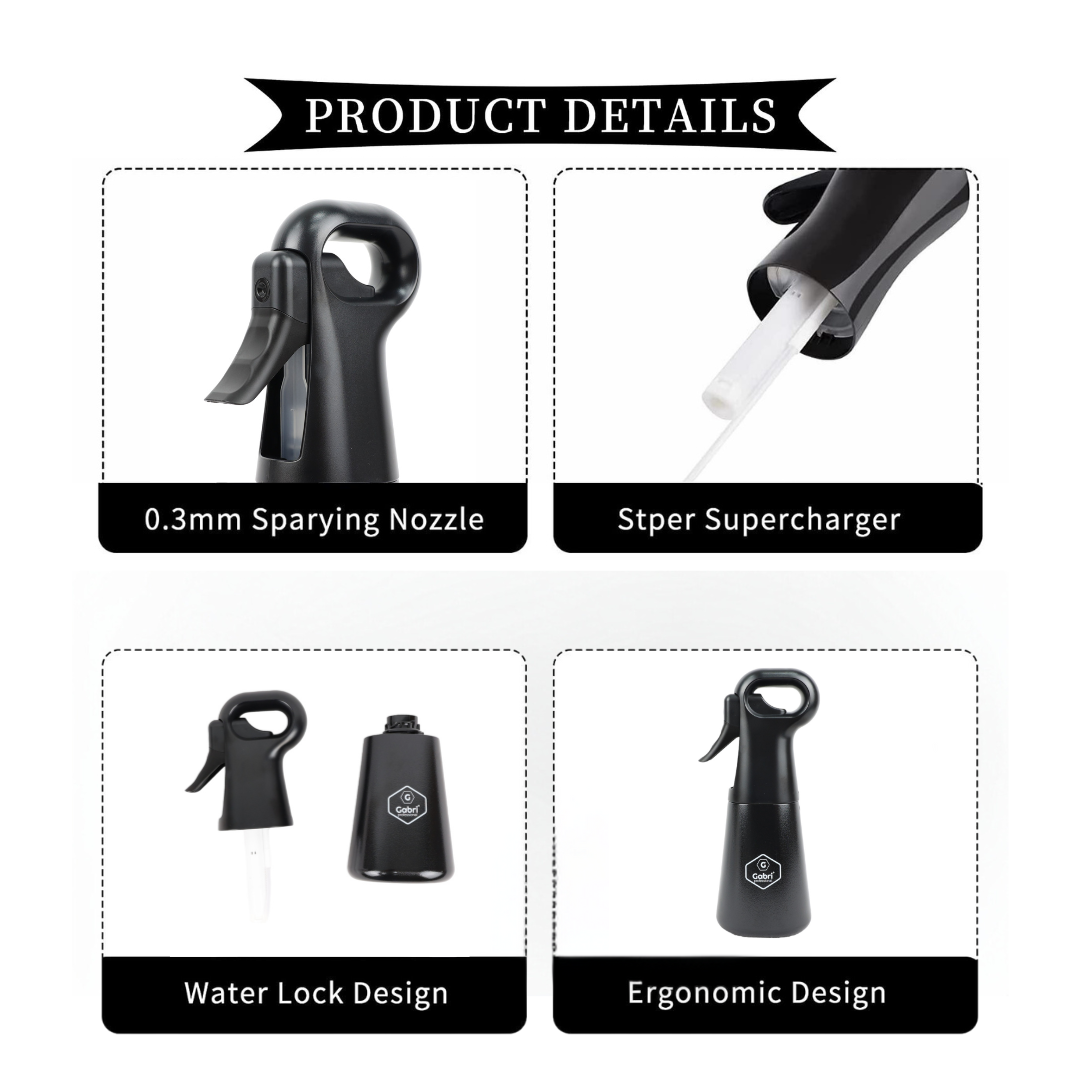 Gabri - Water Spray Bottle 300ml Empty Refillable Extreme Mist Trigger Sprayer Black