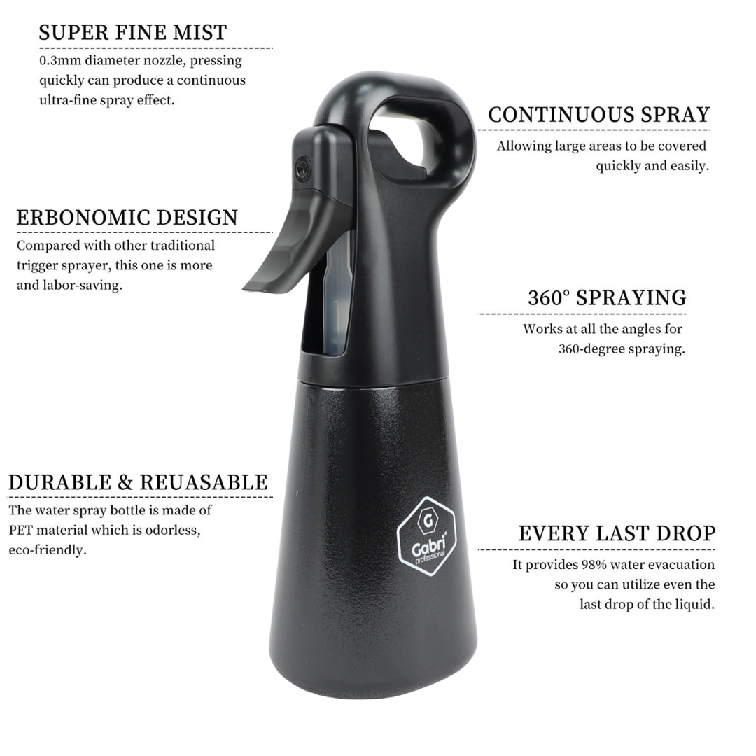 Gabri - Water Spray Bottle 300ml Empty Refillable Extreme Mist Trigger Sprayer Black