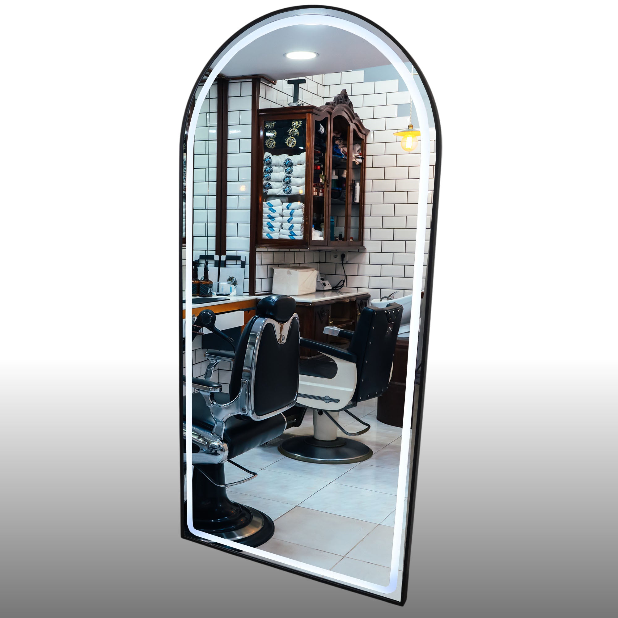Salon Mirror - Arched LED with Black Frame & Border Light