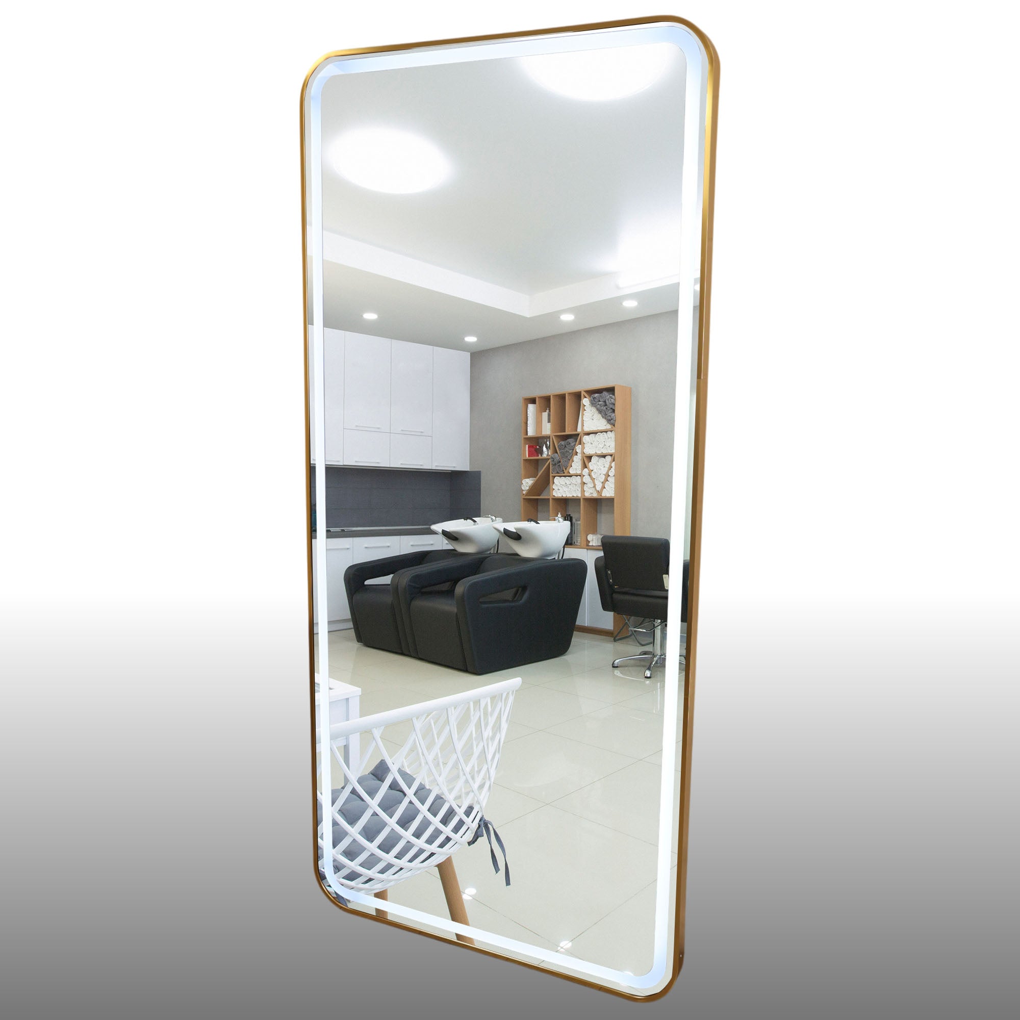 Salon Mirror - Rectangular LED with Gold Frame & Border Light