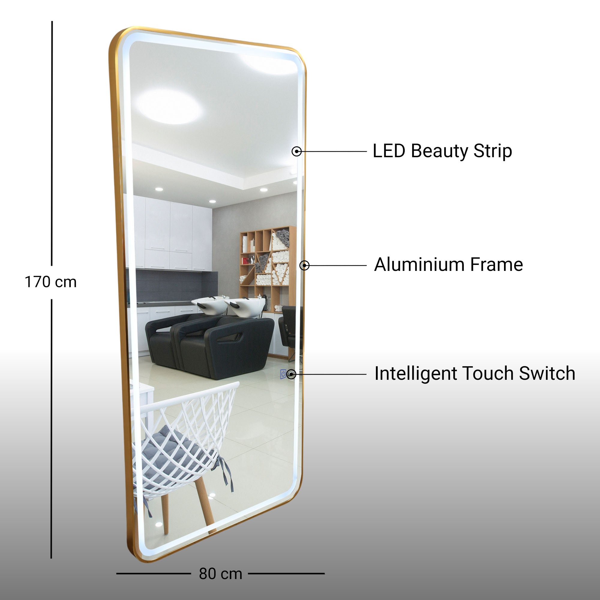 Salon Mirror - Rectangular LED with Gold Frame & Border Light