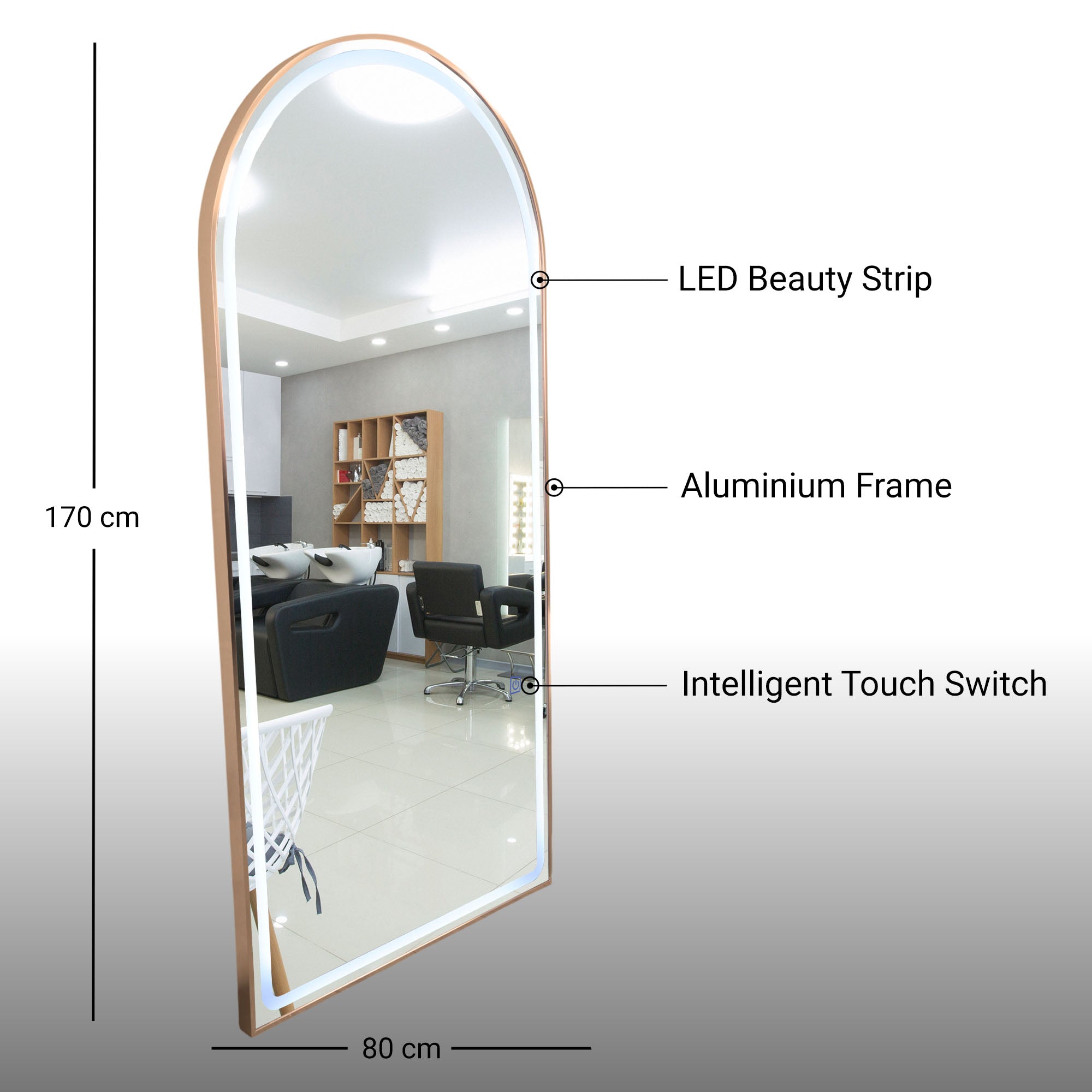 Salon Mirror - Arched LED with Gold Frame & Border Light