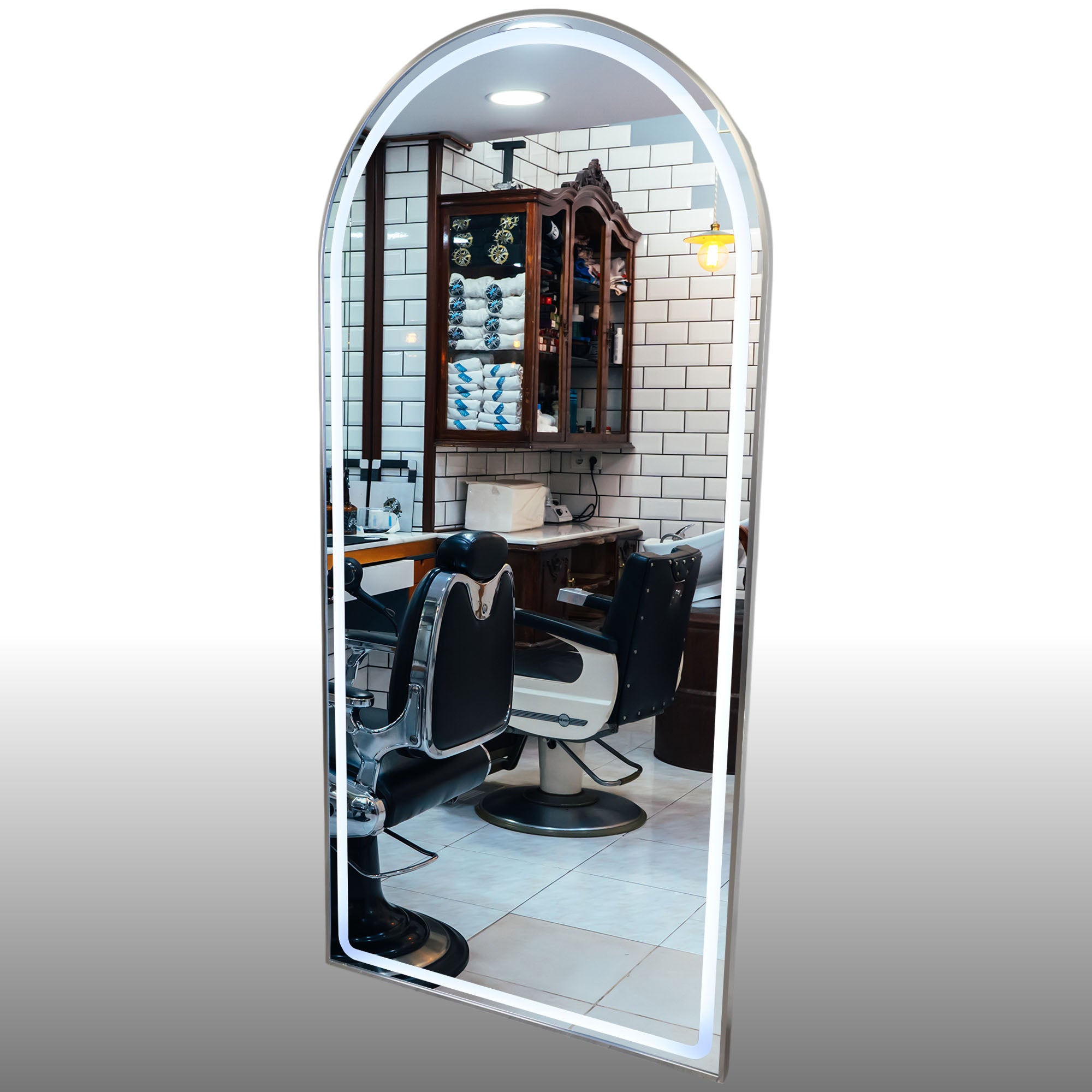 Salon Mirror - Arched LED with Silver Frame & Border Light