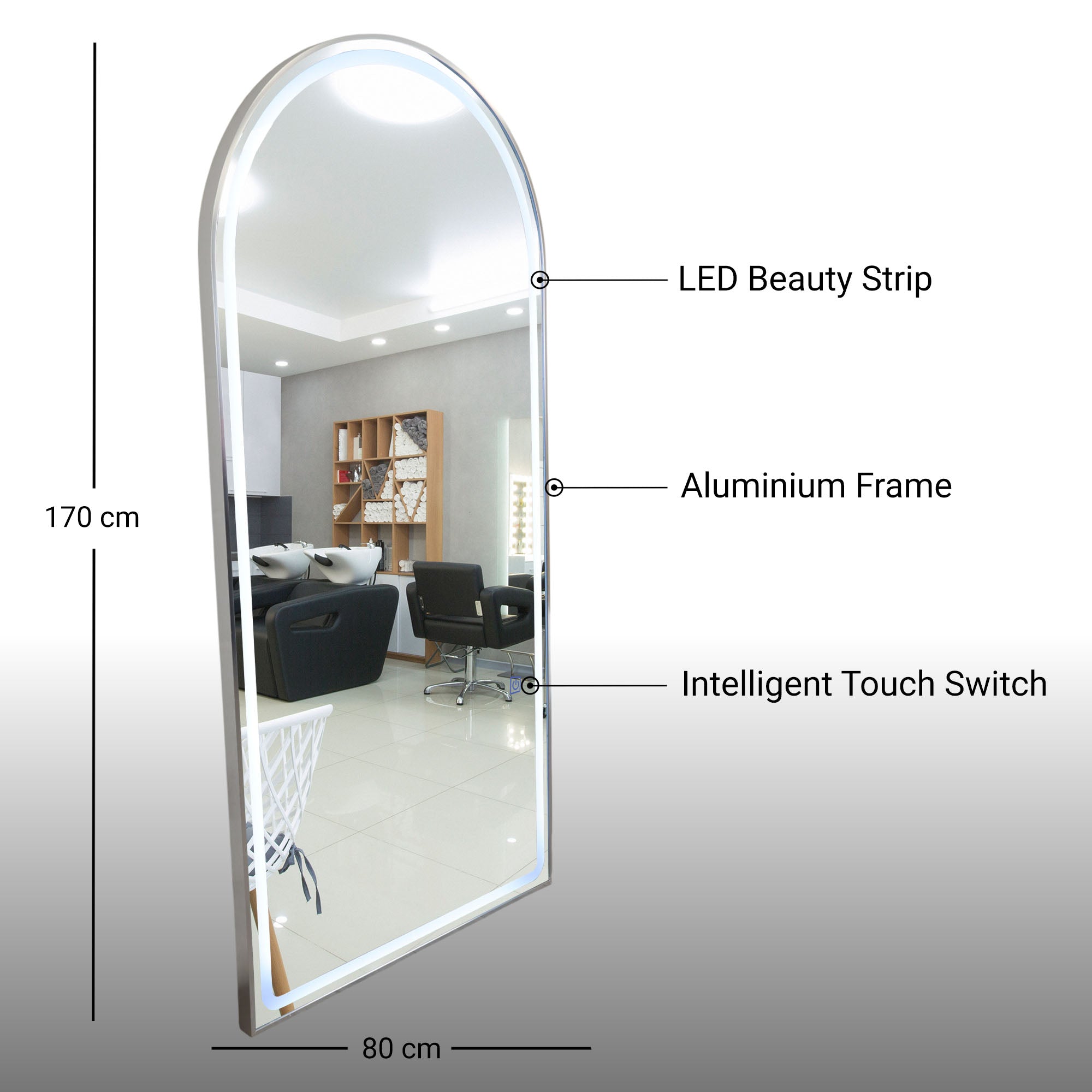 Salon Mirror - Arched LED with Silver Frame & Border Light