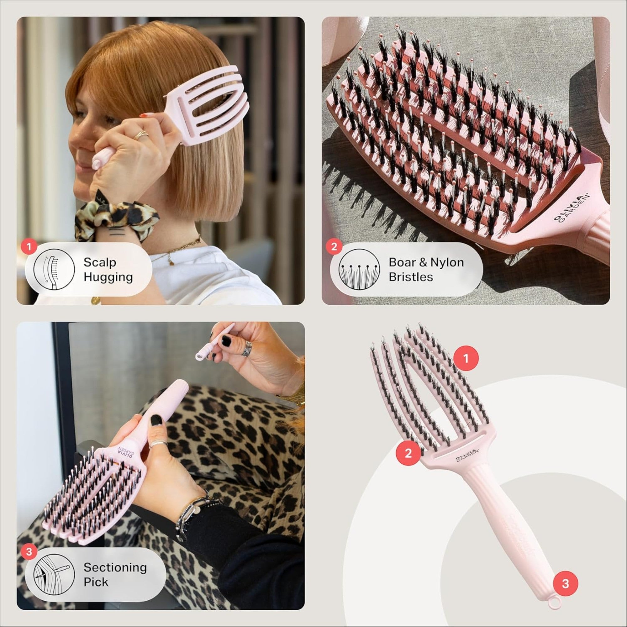 Olivia Garden - Fingerbrush Care Iconic Boar & Nylon Pastel Pink