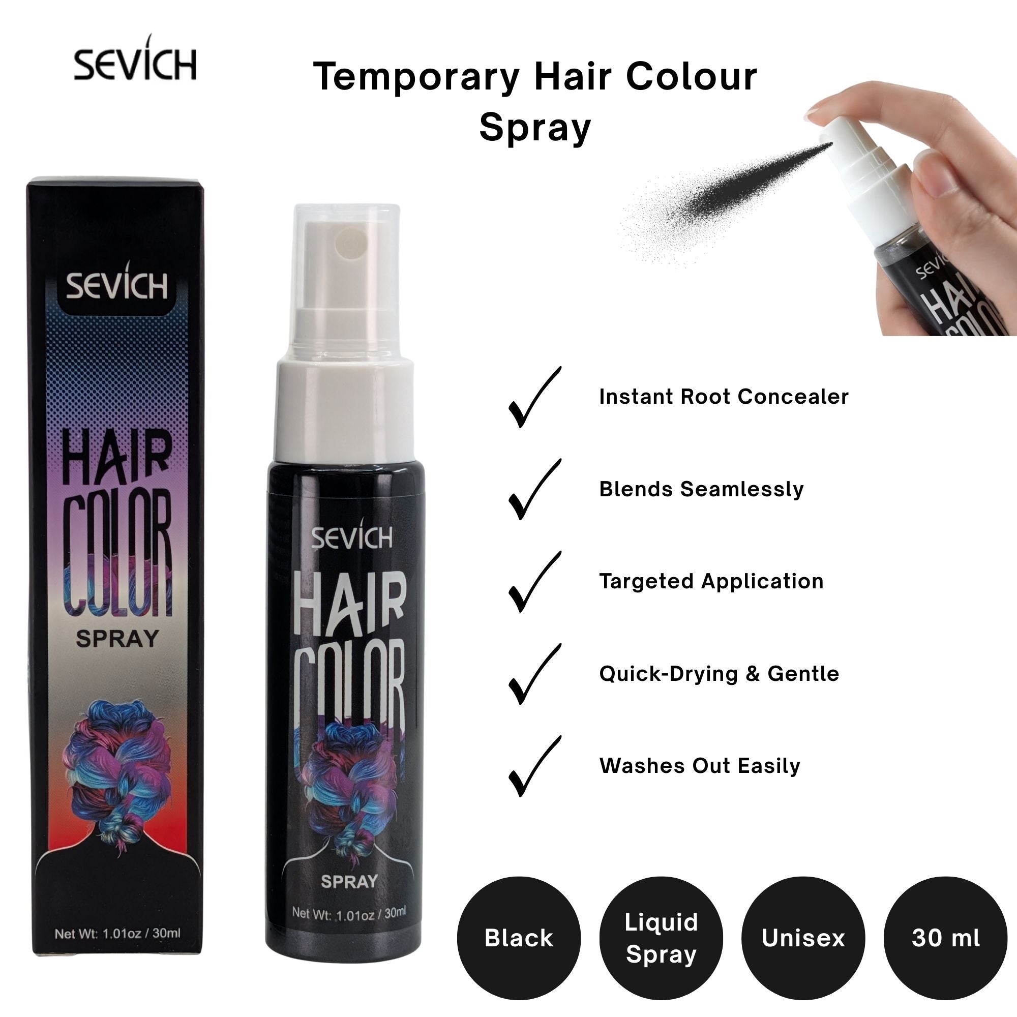 Sevich - Temporary Hair Colour Liquid Spray Black 30ml