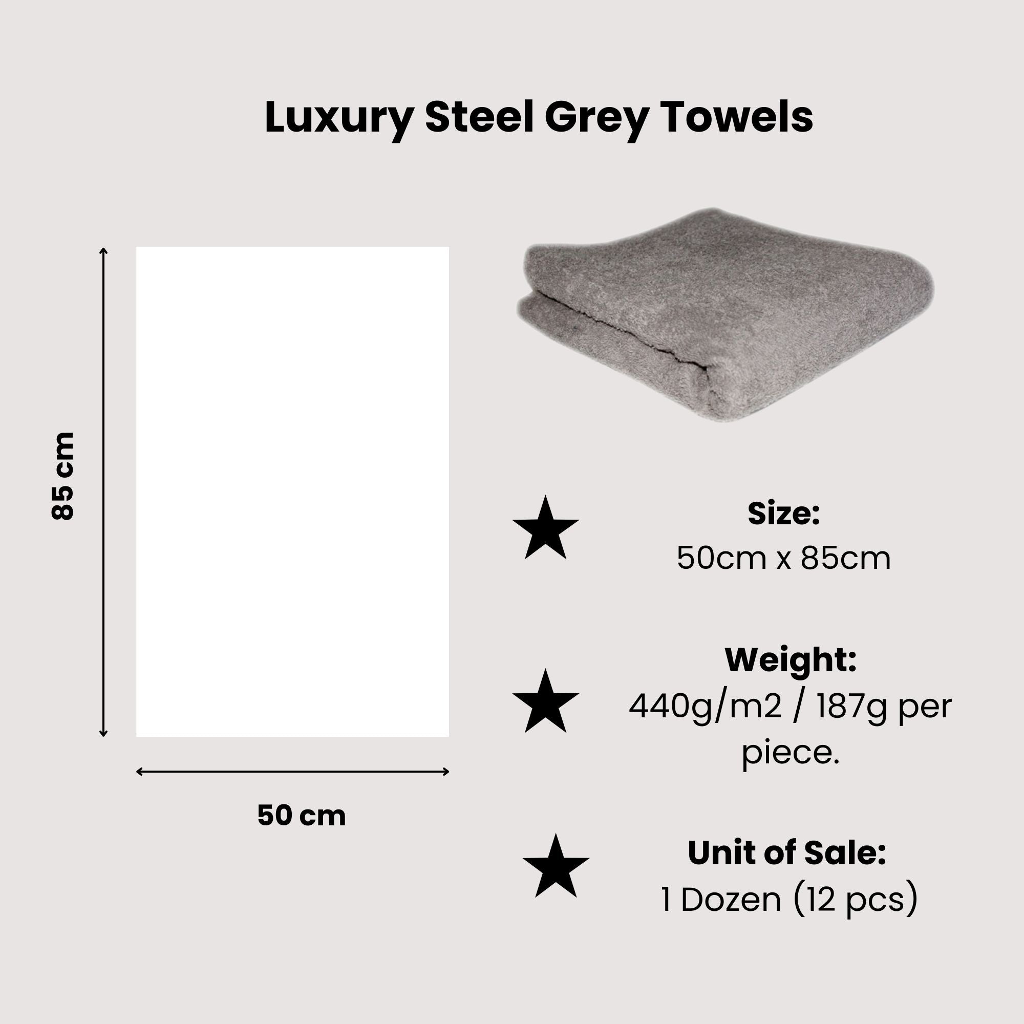 Hair Tools - Luxury Steel Grey Towels 50cm x 85cm 12 Pack