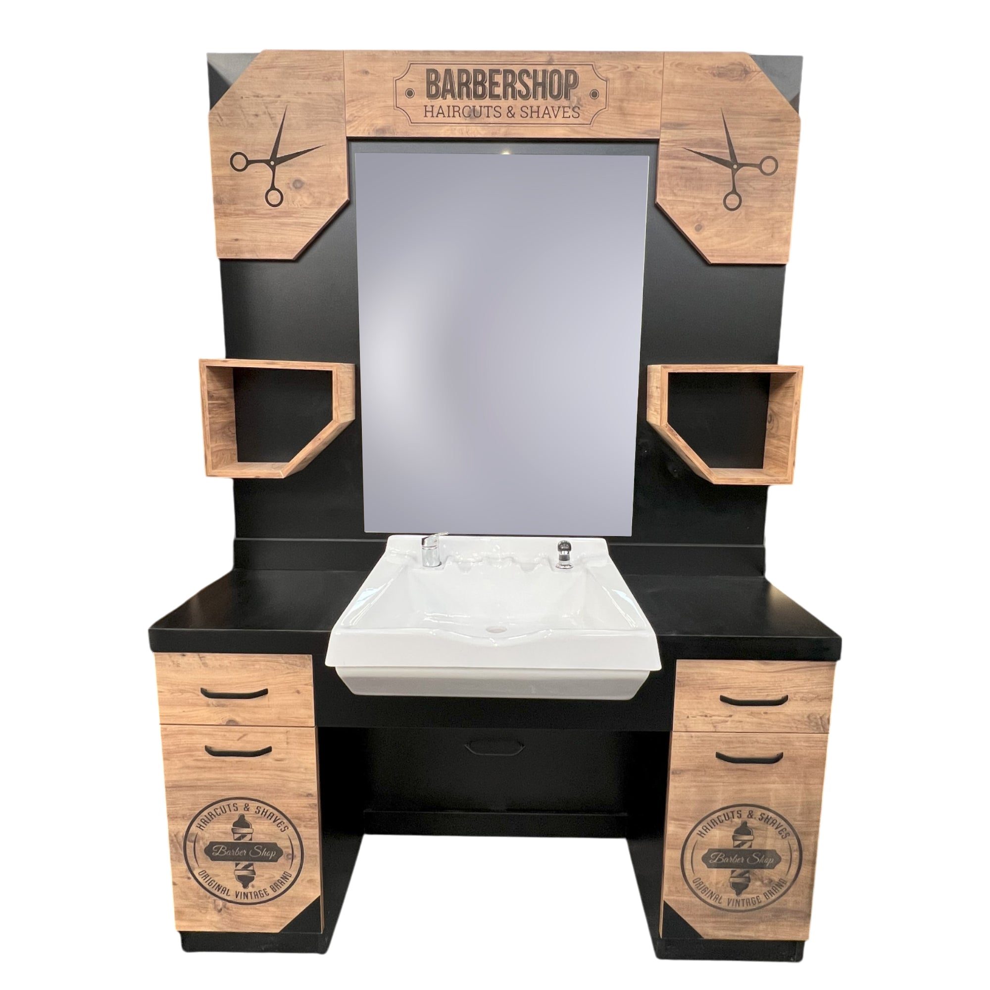 Barber Station Unit - Light Wood & Black Station With Barbershop Logos