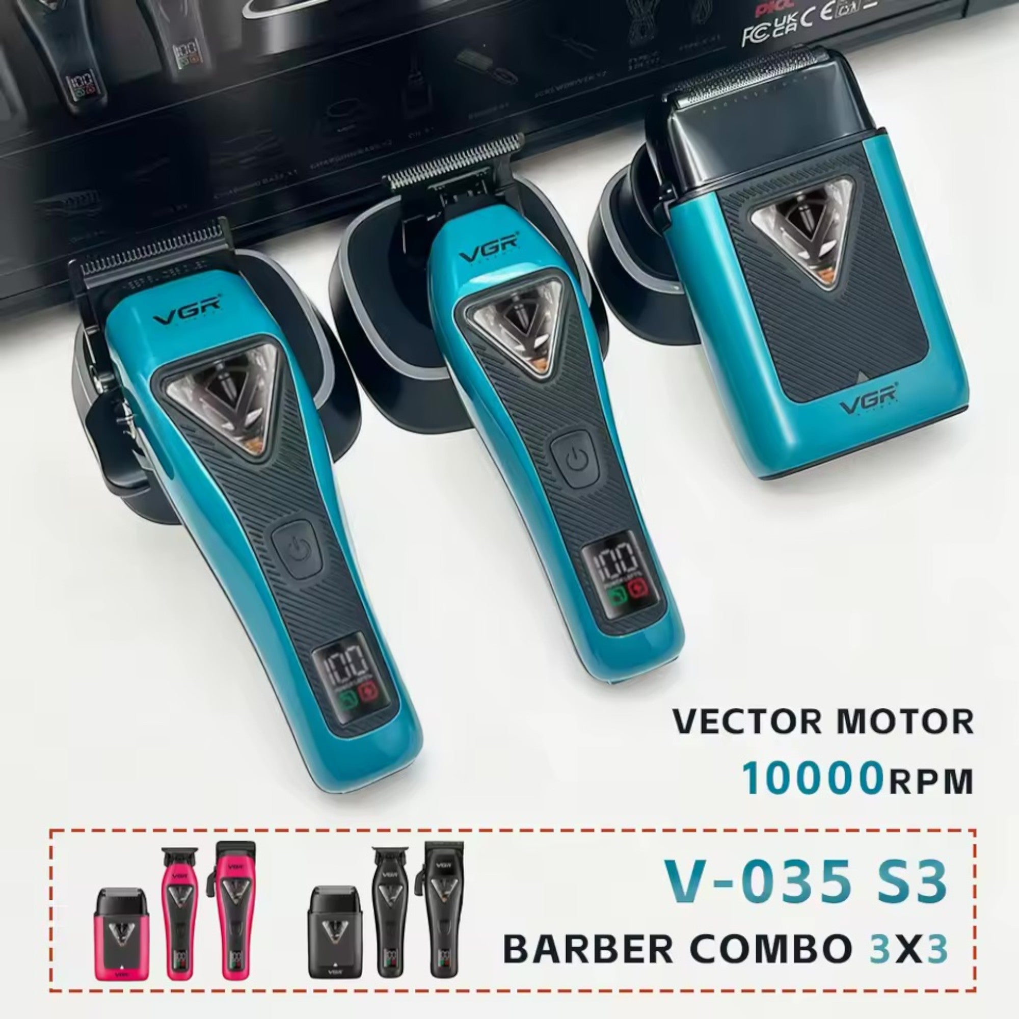 VGR - Barber Combo 3x3 - Professional Hair Clipper, Trimmer & Foil Shaver Set (V-035 S3)