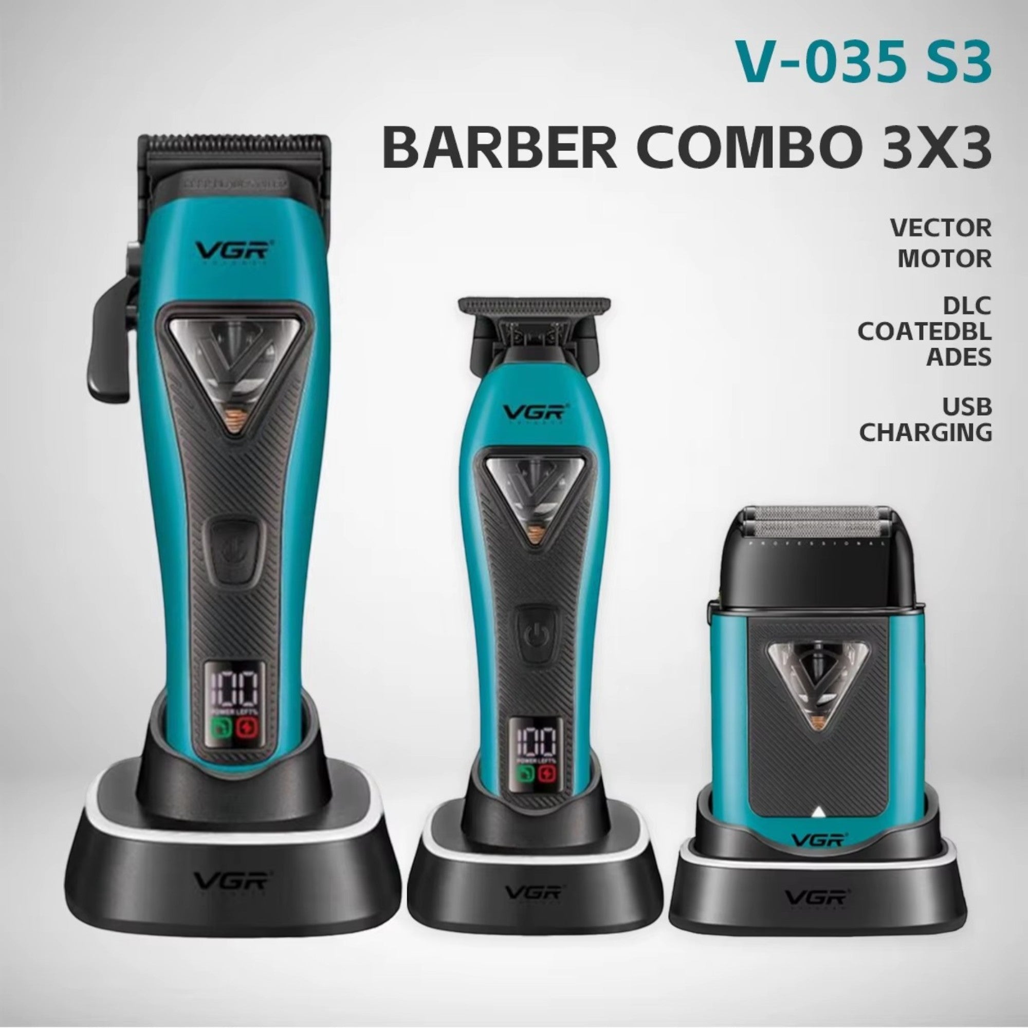 VGR - Barber Combo 3x3 - Professional Hair Clipper, Trimmer & Foil Shaver Set (V-035 S3)