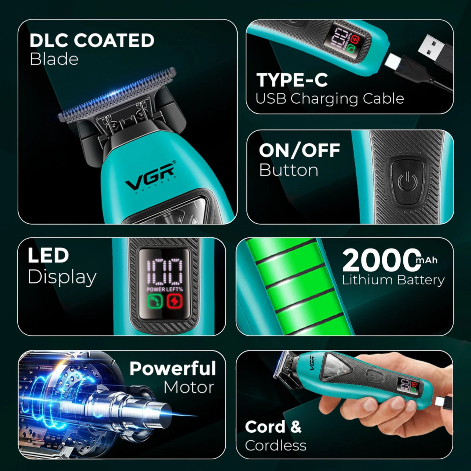 VGR - Professional Hair Trimmer with 3 Interchangeable Covers (V-035T)